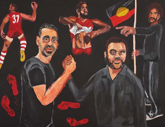 Painting of two Indigenous men with football theme