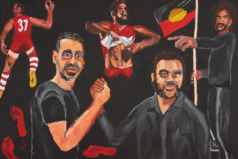 Painting of two Indigenous men with football theme