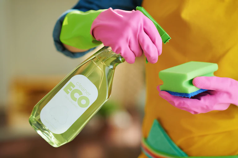 Someone wearing rubber gloves and spraying liquid from a spray bottle marked eco.