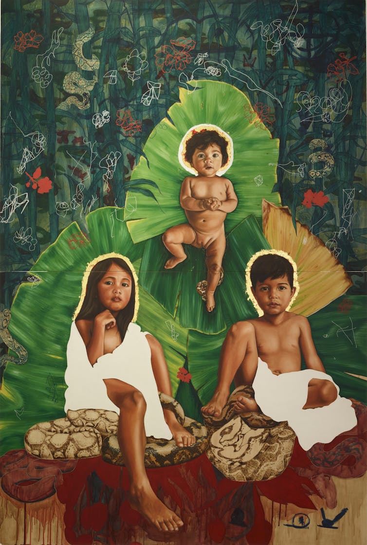 Painting of three children on green background.
