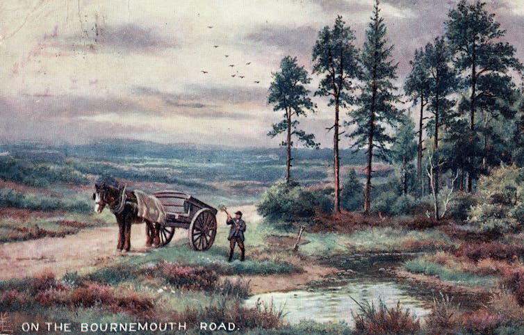A man digs turg near a pond with a horse and cart nearby.