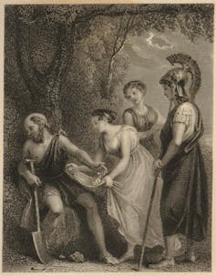 A man turns away from two women and a solidier.