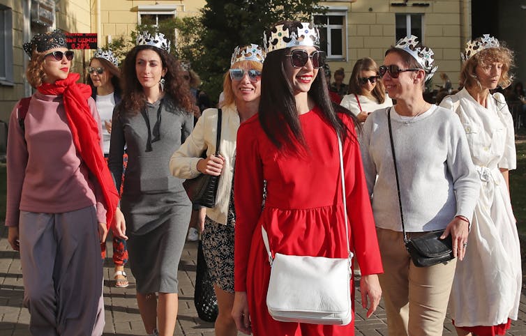 Flash mob of Belarusian women in dresses and crowns