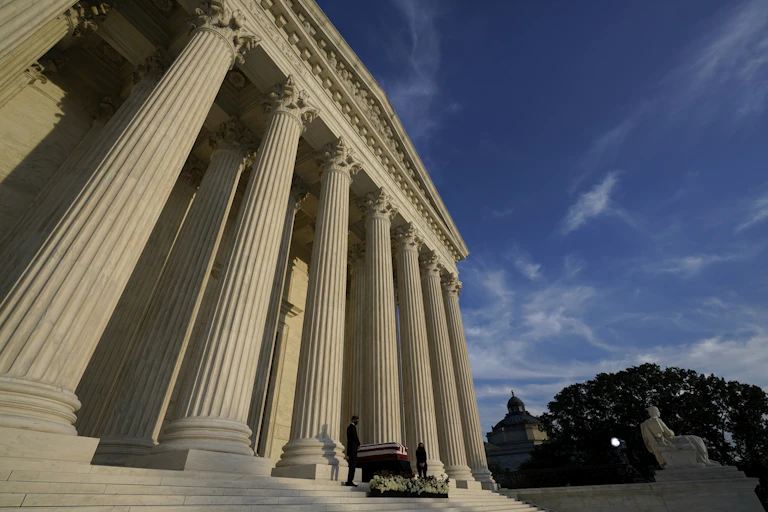 Justice Ruth Bader Ginsburg lies in repose under the portico of the Supreme Court