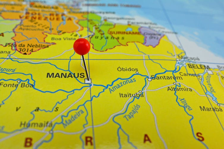 Manaus, Brazil, marked out on a map with a red pin.