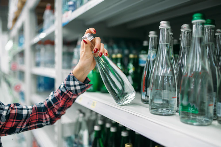 Una mano de mujer coge una botella de agua mineral de la estantería de una tienda.