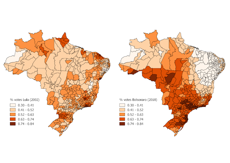 Two maps of Brazil showing which regions supported Lula and Bolsonaro.