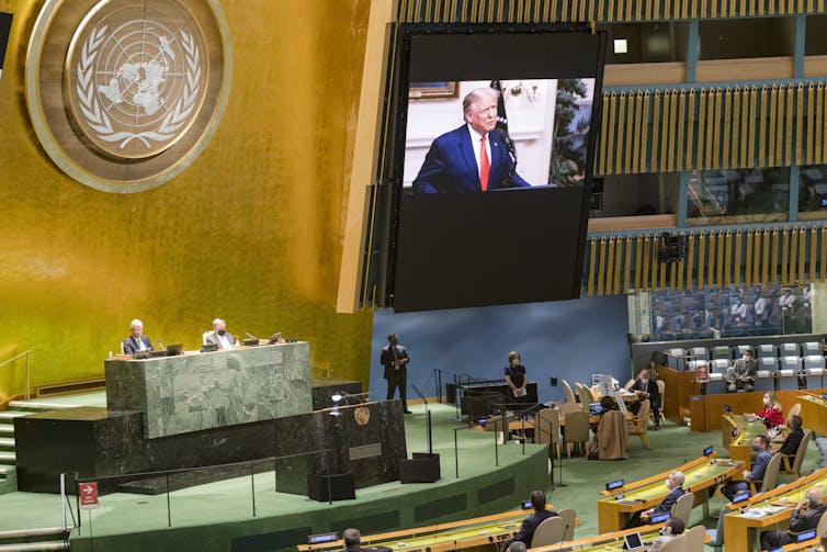 US President Donald Trump addressing the UN in a video message.