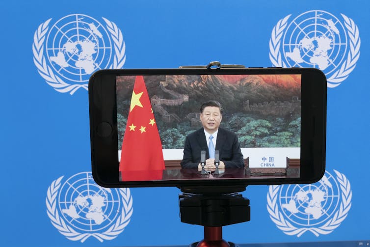 Chinese President Xi Jinping addressing the UN by video.