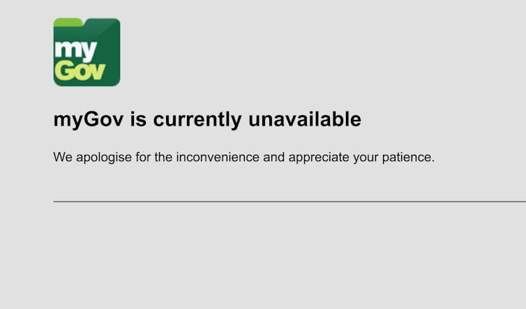 Screenshot of MyGov portal having crashed.