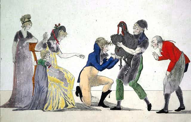 A man holds a turkey as a doctor puts a lance in its leg. A man observes on the right, and two well-dressed women and a child watch on the left.