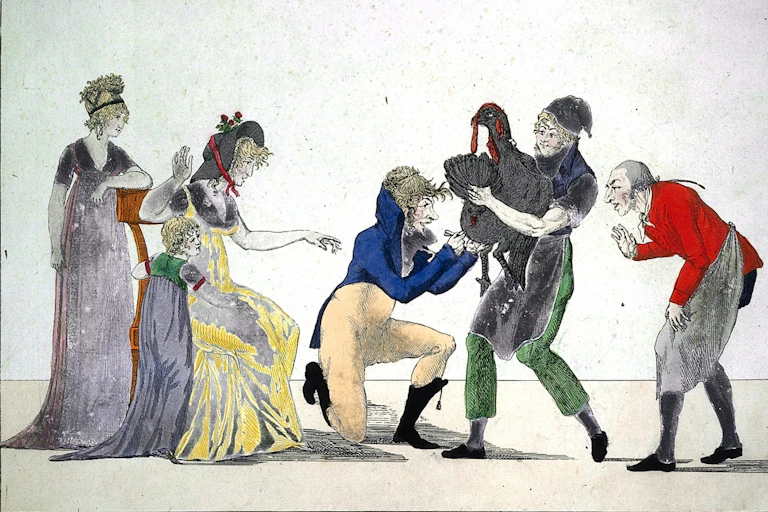 A man holds a turkey as a doctor puts a lance in its leg. A man observes on the right, and two well-dressed women and a child watch on the left.