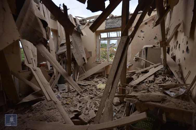 Interior of a building destroyed by fighting.