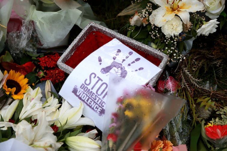 Flowers at a vigil for domestic violence victim Hannah Clarke.