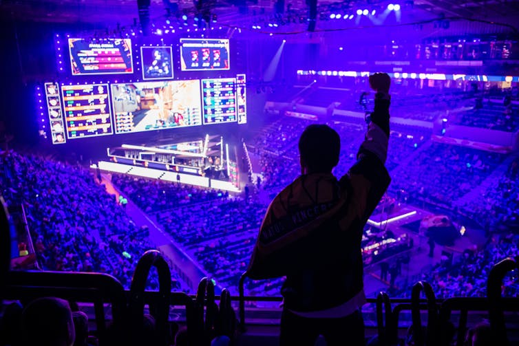 Fan standing up in mass audience for esports event in Moscow