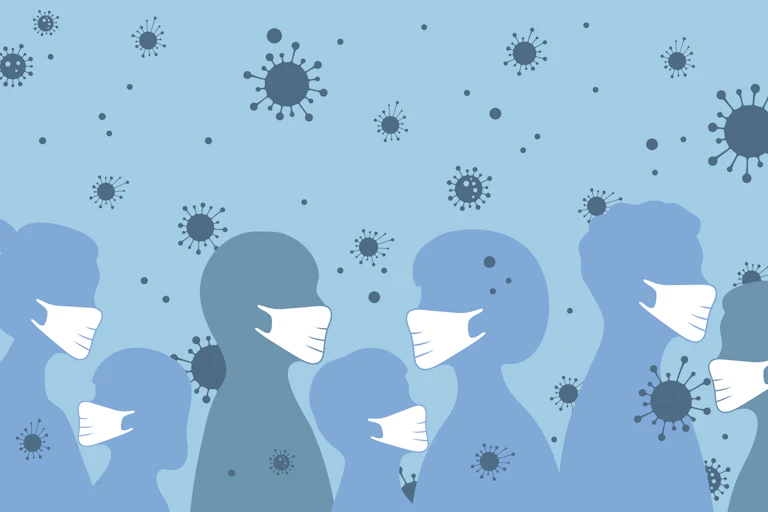 Dibujo en tonalidades de azul de perfiles de hombres, mujeres y niños con mascarilla y virus flotando en el aire.