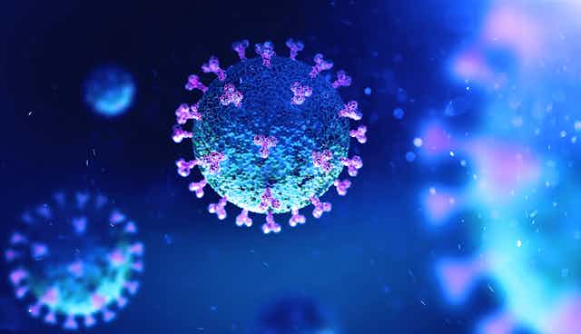 An illustration of SARS-CoV-2, the coronavirus that causes COVID-19.