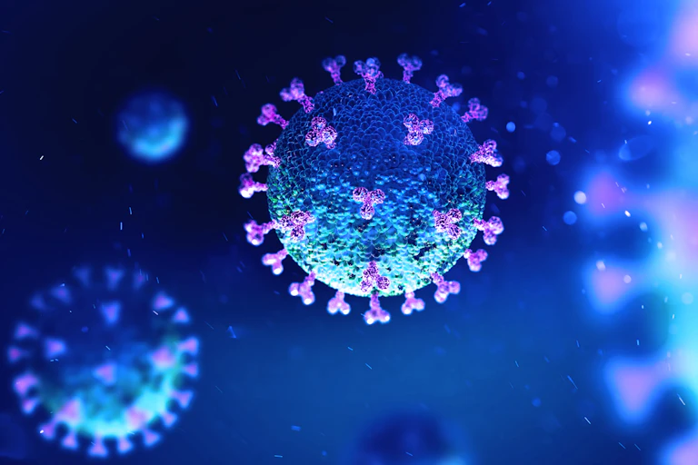 An illustration of SARS-CoV-2, the coronavirus that causes COVID-19.
