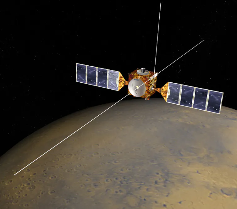 An illustration of a satellite with Mars in the background.
