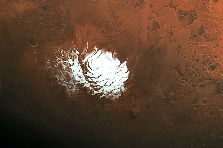 A satellite view of the South Pole of Mars, showing the ice cap.