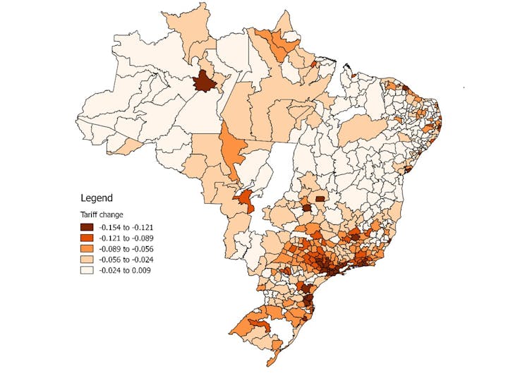 Map showing areas of Brazil most affected by tariff reductions.