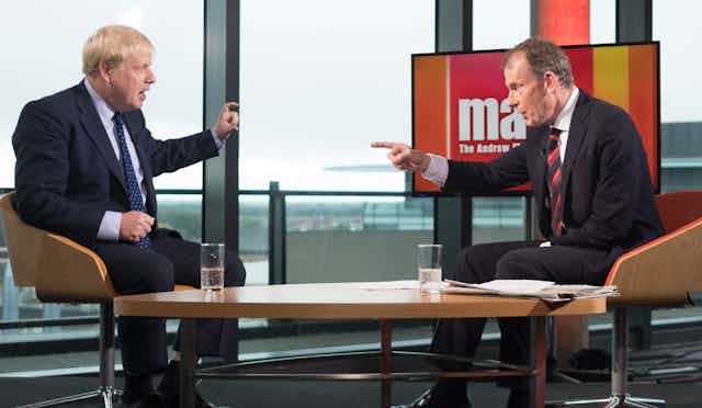 Still image from the Andrew Marr TV show with PM Boris Johnson and journalist Andrew Marr.