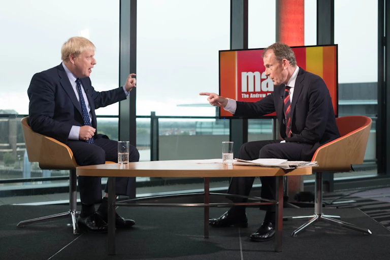 Still image from the Andrew Marr TV show with PM Boris Johnson and journalist Andrew Marr.