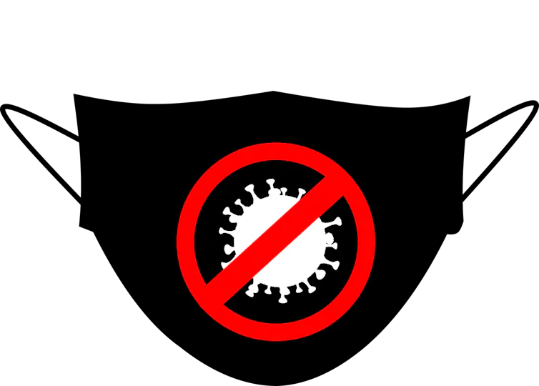 Illustration of a black face mask with a coronavirus in a red circle with a line through it.