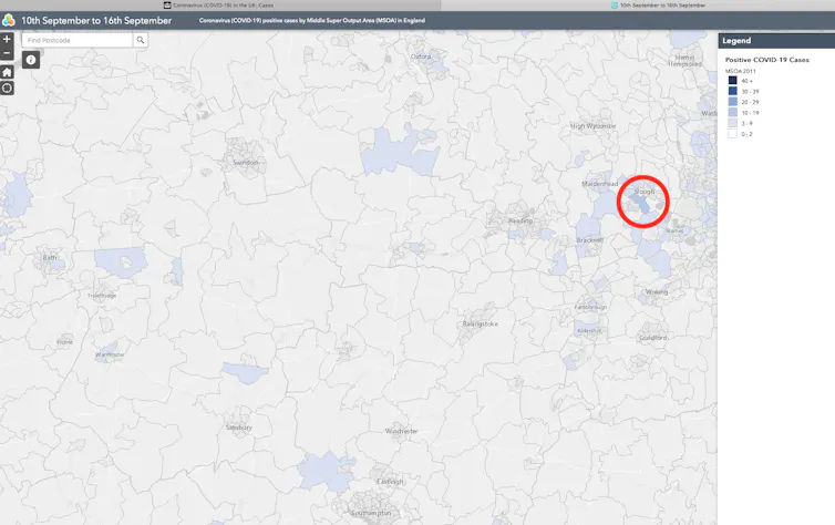 An image of local government areas shaded in different colours of blue to indicate the size of COVID-19 outbreaks with a red ring around Eton.