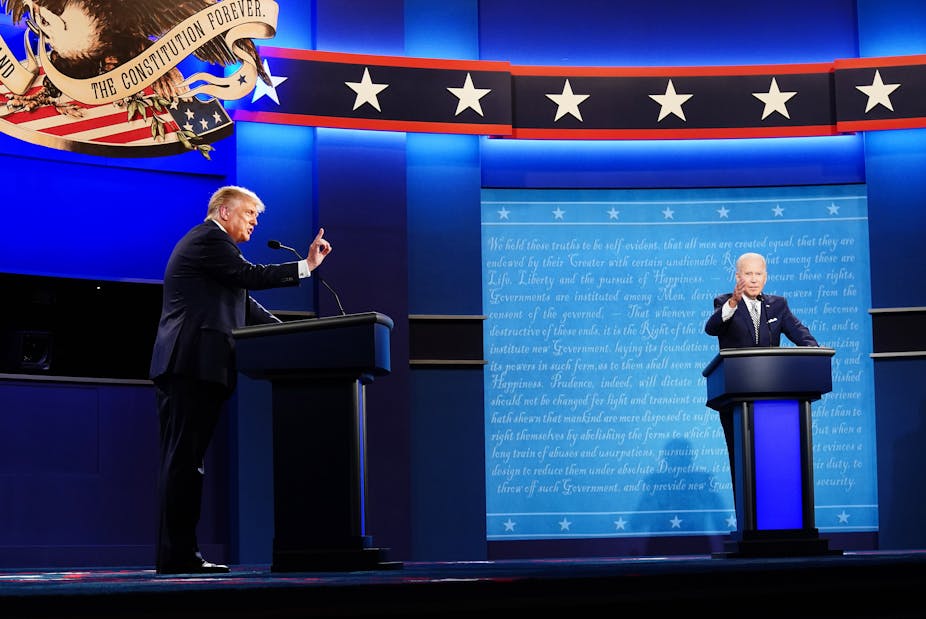 Donald Trump and Joe Biden on stage during the first presidential debate. 