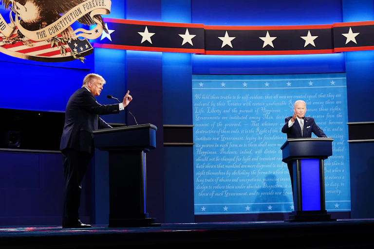 Donald Trump and Joe Biden on stage during the first presidential debate.