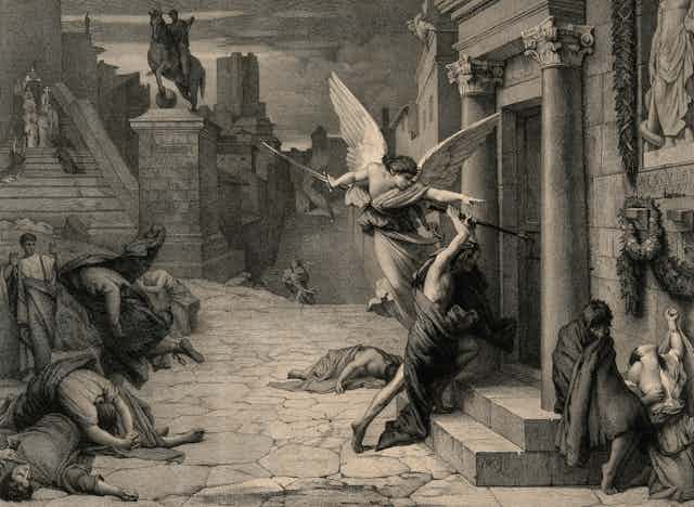 The Angel of Death, surrounded by ailing Romans, strikes a door.