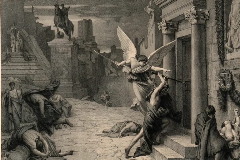The Angel of Death, surrounded by ailing Romans, strikes a door.