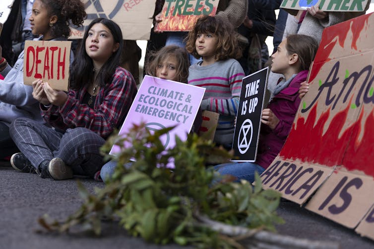 Children hold placards about the climate crisis.