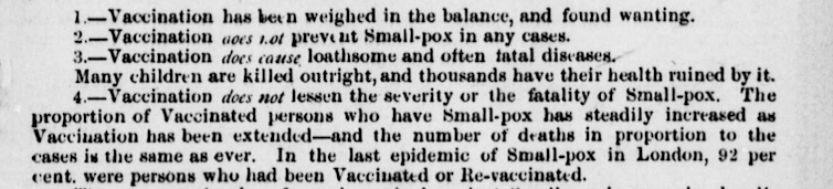 A list itemizing the supposed ineffectiveness and dangers of smallpox vaccine.