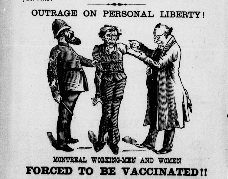 Cartoon depicting a working-class man being forcibly vaccinated by a health official, while held by a policeman.