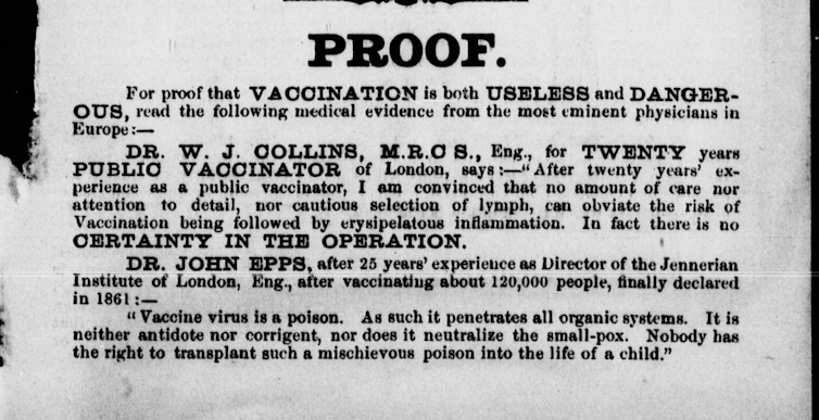 Under the heading 'PROOF,' testimonials from 19th century doctors denouncing vaccination.