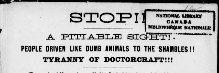 Bold face, all caps and eight exclamation points: 'Stop!! A pitiable sight! People driven like dumb animals to the shambles!! Tyranny of doctorcraft!!!!'