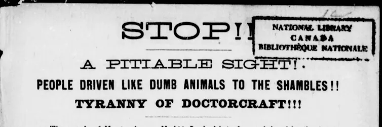 Bold face, all caps and eight exclamation points: 'Stop!! A pitiable sight! People driven like dumb animals to the shambles!! Tyranny of doctorcraft!!!!'
