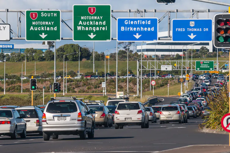 A traffic jam on a motorway to Auckland.