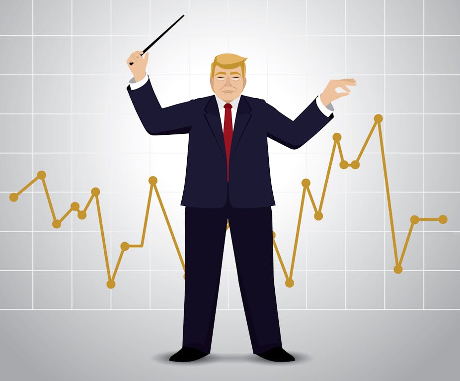 Illustration showing Donald Trump with a conductor's baton and stock market graph