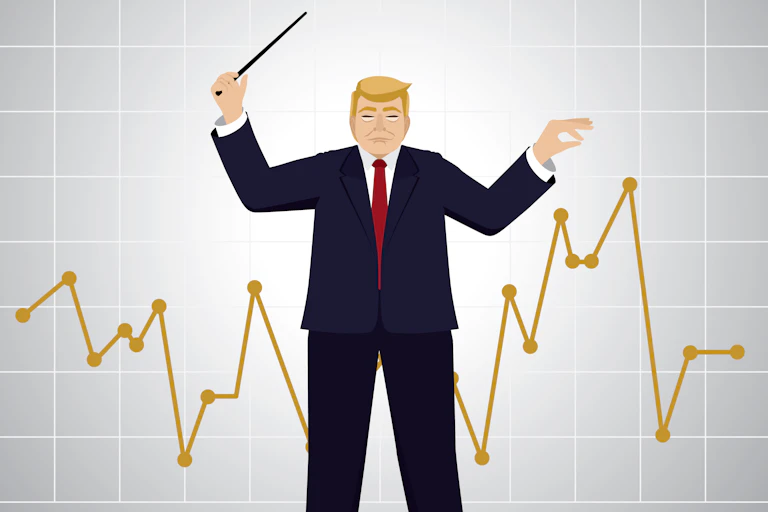 Illustration showing Donald Trump with a conductor's baton and stock market graph