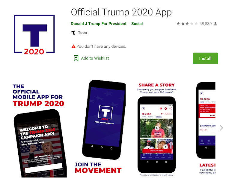 Download page for the Trump app.