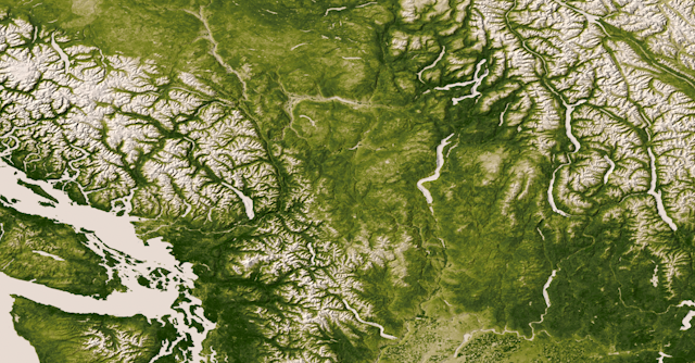 A satellite photo of the Pacific Northwest showing near continuous green coverage. 