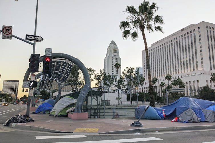 A collection of tents in a park near Los Angeles city hall.