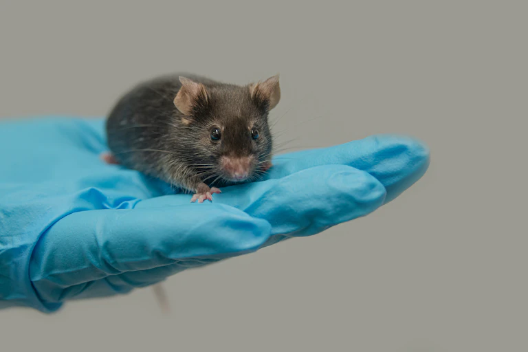 Lab mouse on human hand.