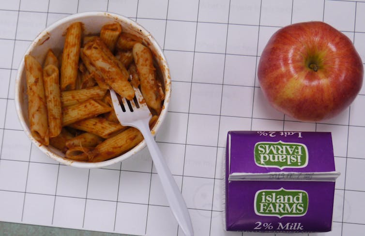 A tray showing a bowl of pasta, apple and carton of milk.