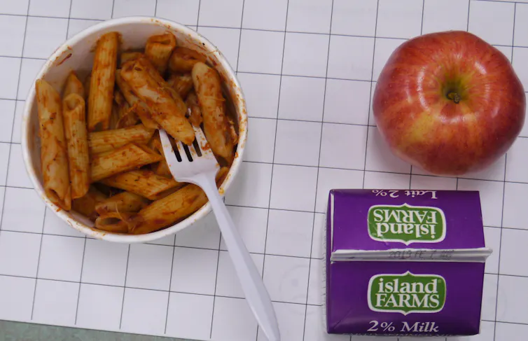 A tray showing a bowl of pasta, apple and carton of milk.