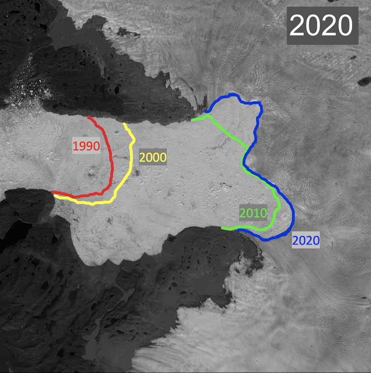 A map showing the extent of glacial retreat since 1990.