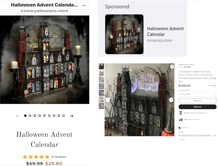 three screenshots featuring the same product image of a Halloween haunted house advent calendar sculpture